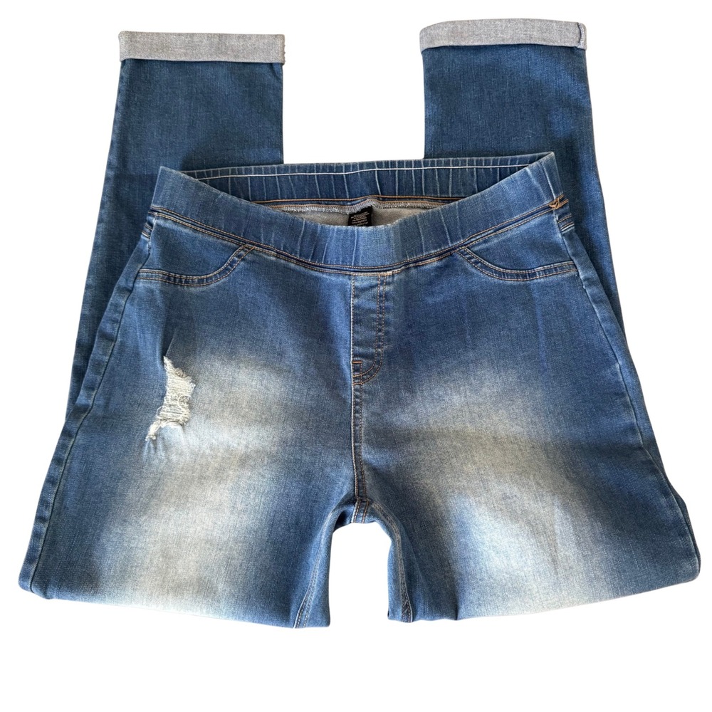 Blue Distressed Pull On Denim Jeggings Skinny Jeans Cuffed Hem Size M Excellent